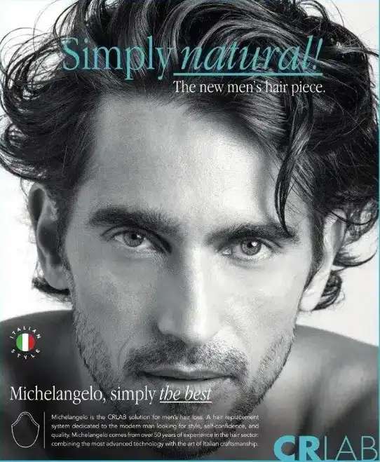 Men's hair piece ad with a man showcasing curly hair. Text reads: "Simply natural! Michelangelo.