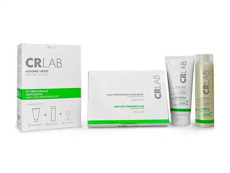 Hair loss prevention kit with vials, shampoo, and lotion from CRLab.