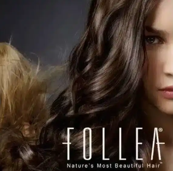 Brunette with long, luxurious hair; "Follea: Nature's Most Beautiful Hair" text visible.