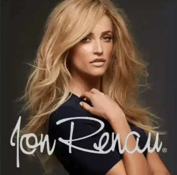 Blonde model with voluminous hair posing, text overlay reads "Jon Renau.