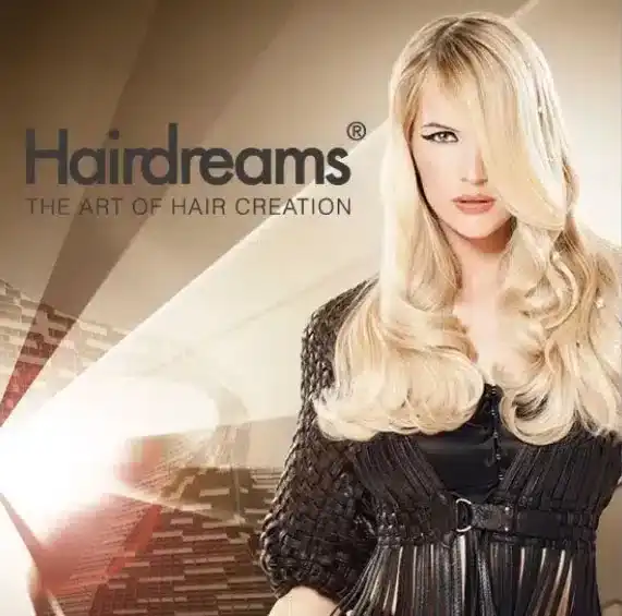 Blonde woman with long hair, Hairdreams logo, text: The Art of Hair Creation.